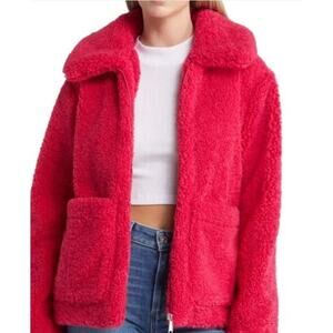 Sam Edelman Short Front Zip Teddy Coat Patch Pockets Hot Pink Faux Fur Small NWT